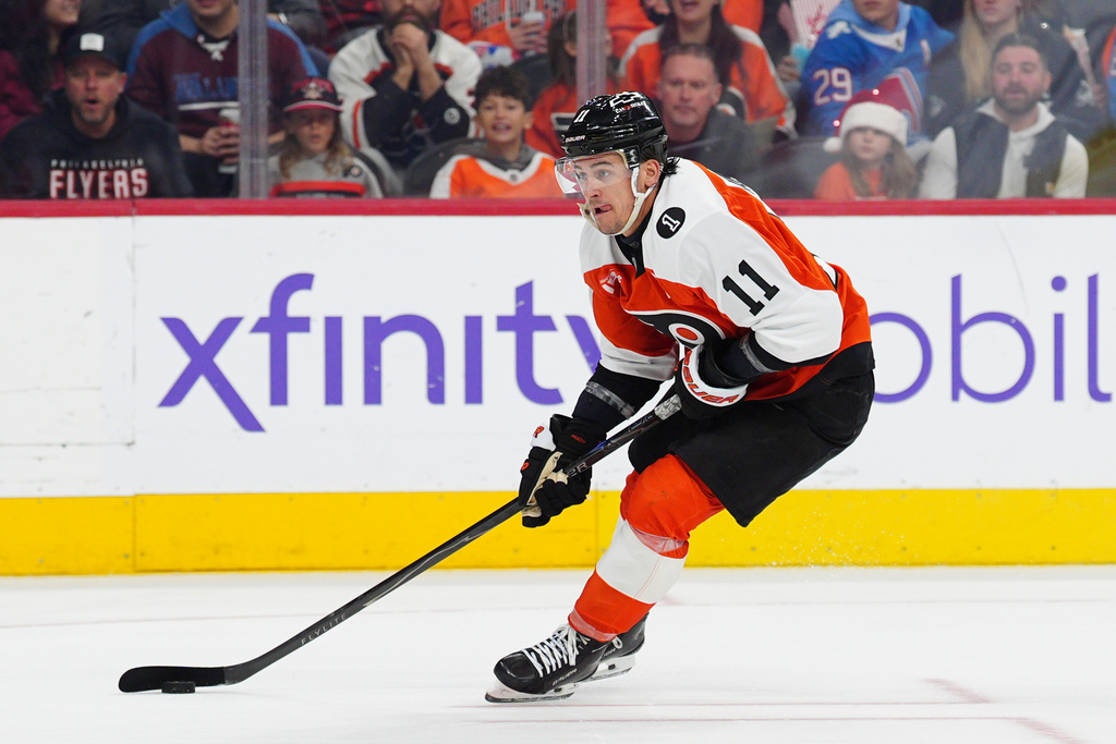 Philadelphia Flyers' Travis Konecny in action during an NHL hockey game against the Colorado Avalanche, Sunday, Dec. 7, 2025, in Philadelphia. (AP Photo/Derik Hamilton)