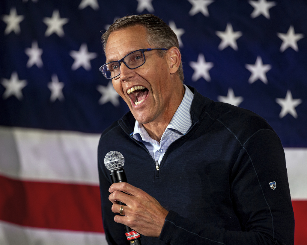 Rep. Randy Feenstra, R-Iowa, speaks during the Triple M Tailgate fundraiser for U.S. Rep. Mariannette Miller-Meeks, R-Iowa, in Iowa City, Iowa, Friday, Oct. 24, 2025. (Nick Rohlman/The Gazette via AP)