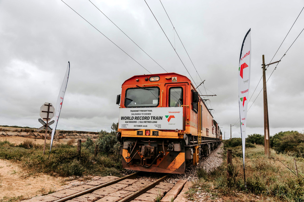 In this photo provided by the Transnet Freight Rail, a freight train that claims to be the longest in the world is seen in Saldanha Bay, South Africa, on Oct. 17, 2026. (Transnet Freight Rail via AP)