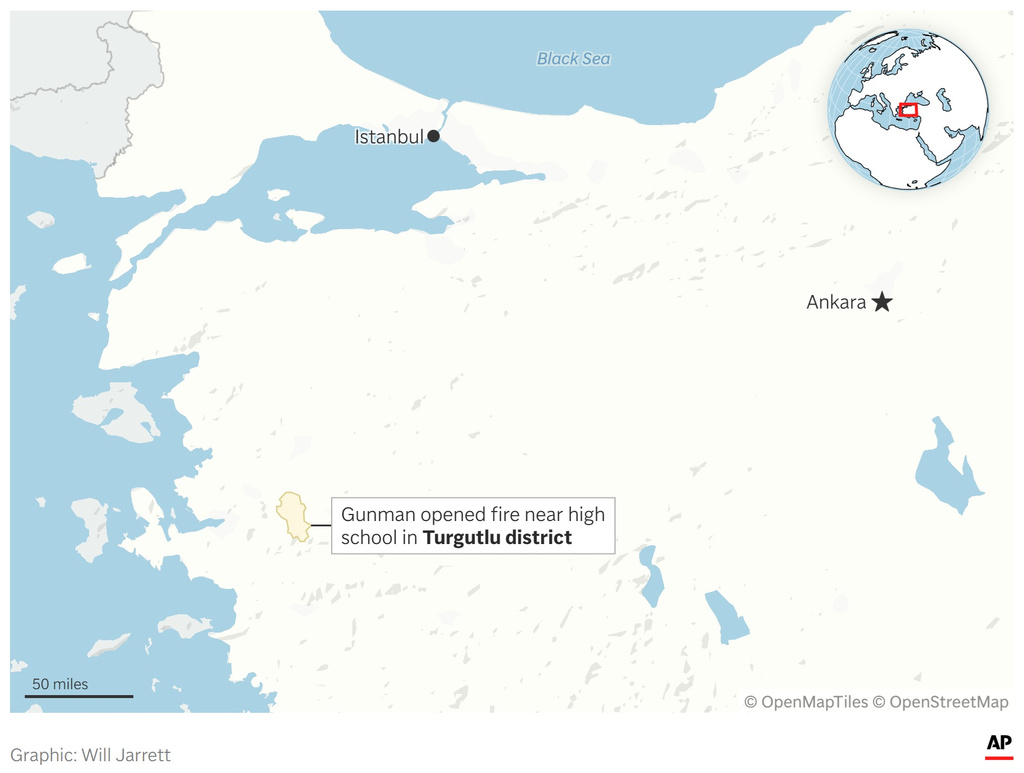A map showing Turgutlu district in Turkey, where a gunman opened fire near a high school. (AP Digital Embed)