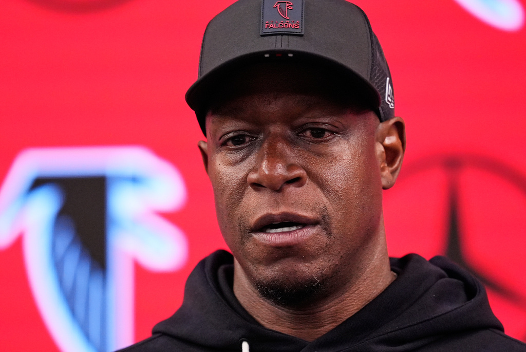 Atlanta Falcons head coach Raheem Morris talks to reporters after an NFL football game against the Los Angeles Rams, Monday, Dec. 29, 2025, in Atlanta. (AP Photo/Mike Stewart)