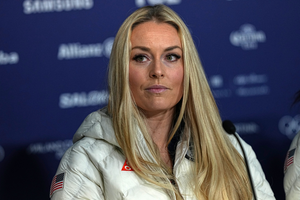 United States' Lindsey Vonn attends a press conference by the U.S. ski team at the 2026 Winter Olympics, in Cortina d'Ampezzo, Italy, Tuesday, Feb. 3, 2026. (AP Photo/Fatima Shbair)