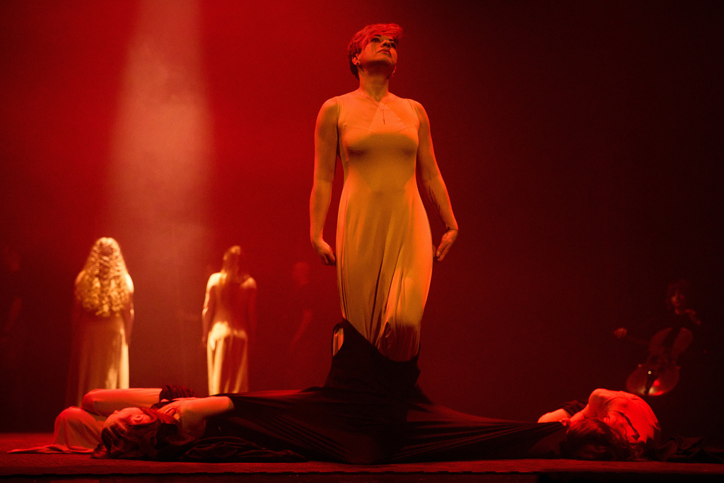 Ukrainian war veterans, many of whom sustained severe injuries in combat during Russia's full-scale invasion of Ukraine, perform during a premiere on Thursday, Feb. 19, 2026, in Kyiv, Ukraine. (AP Photo/Efrem Lukatsky)