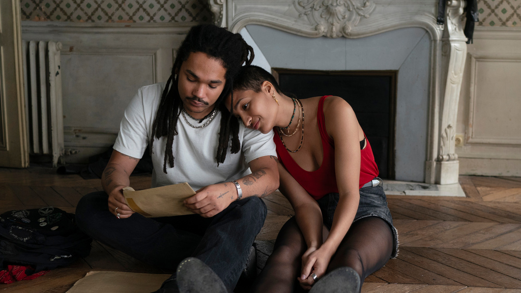 This image released by Mubi shows Luka Sabbat, left, and Indya Moore in a scene from "Father Mother Sister Daughter." (Mubi via AP)