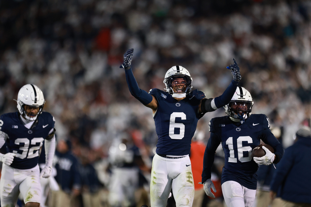 Penn State safety Zakee Wheatley (6) and safety King Mack (16) celebrate during the second quarter of an NCAA college football game against Nebraska, Saturday, Nov. 22, 2025, in State College, Pa. (AP Photo/Jared Freed)