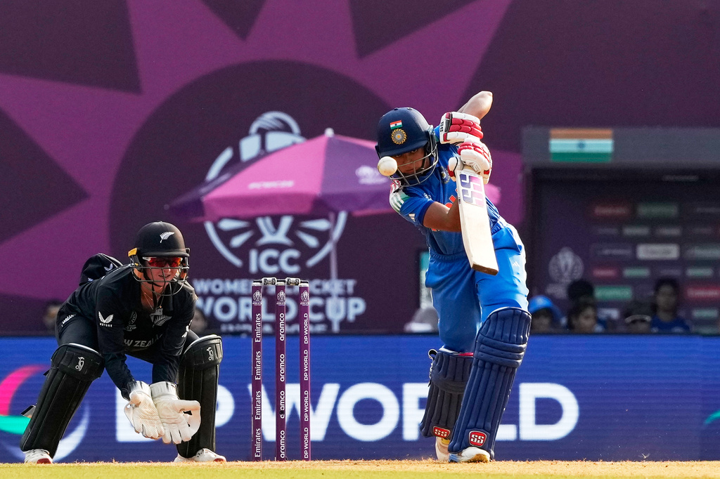 India's Pratika Rawal bats during the ICC Women's Cricket World Cup cricket match between India and New Zealand at DY Patil Stadium in Navi Mumbai, India, Thursday, Oct. 23, 2025. (AP Photo/Rajanish Kakade)
