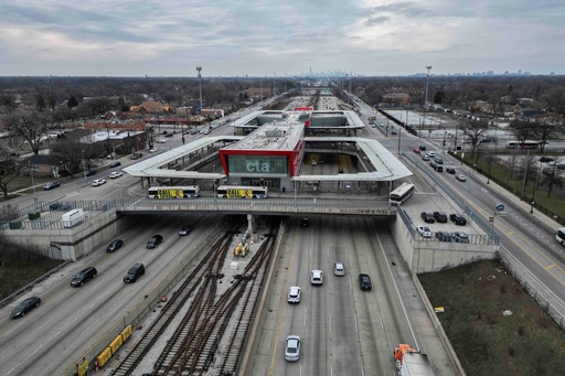 FILE - Cars pass the 95th Street Red Line Station, the train station currently the farthest south on the line and where the Chicago Transit Authority plans to extend from in 2025, Thursday, Dec. 19, 2024, in Chicago. (AP Photo/Erin Hooley, File) FILE - Cars pass the 95th Street Red Line Station, the train station currently the farthest south on the line and where the Chicago Transit Authority plans to extend from in 2025, Thursday, Dec. 19, 2024, in Chicago. (AP Photo/Erin Hooley, File)