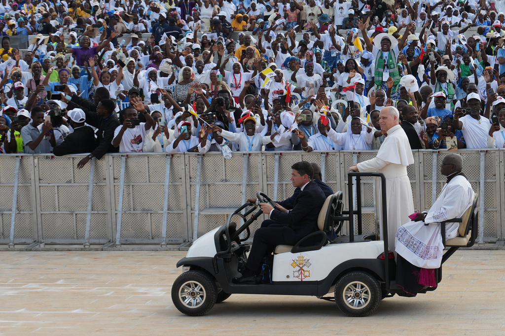 Pope Leo XIV arrives at the esplanade in front of the Sanctuary of Mama Muxima, in Muxima, Angola, Sunday, April 19, 2026. (AP Photo/Andrew Medichini)