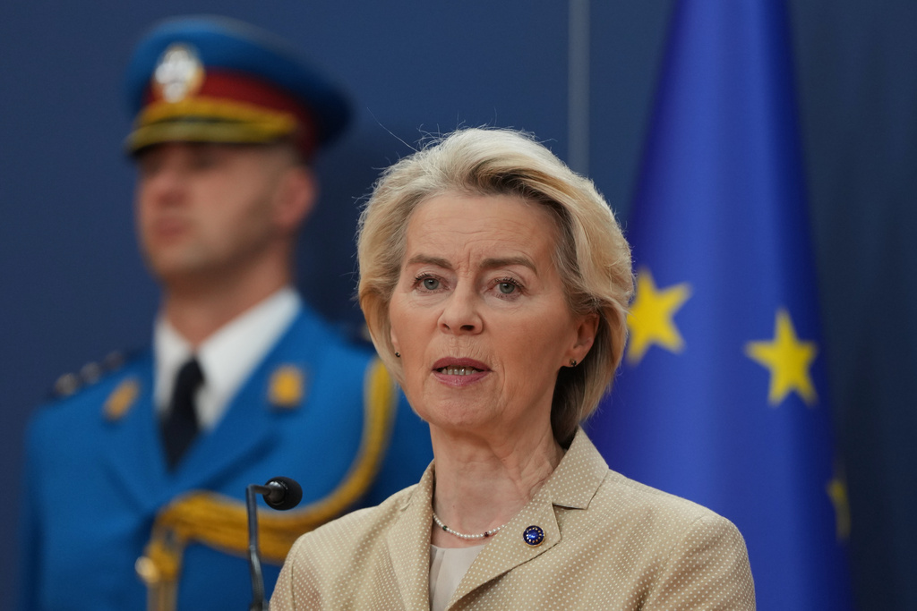 European Commission President Ursula von der Leyen speaks to the media during a joint news conference with Serbian President Aleksandar Vucic at the Serbia Palace in Belgrade, Serbia, Wednesday, Oct. 15, 2025. (AP Photo/Darko Vojinovic)