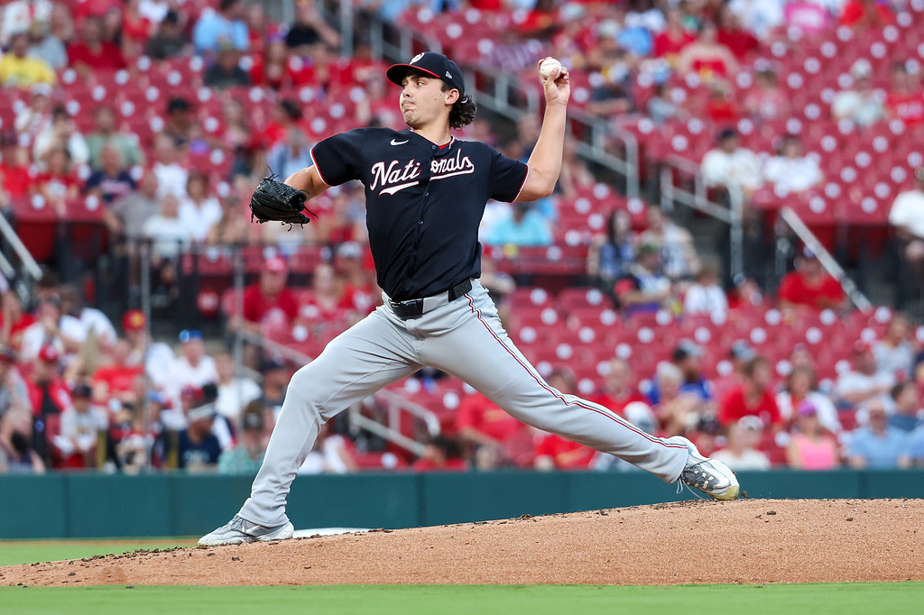 Washington Nationals starting pitcher Andrew Alvarez throws during the first inning of a baseball game against the St. Louis Cardinals Saturday, Sept. 19, 2026, in St. Louis. (AP Photo/Scott Kane)