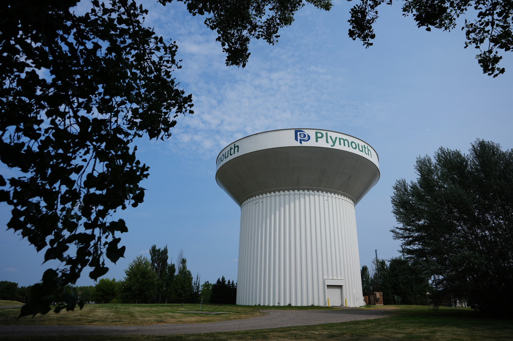 A water tower is seen Thursday, July 30, 2026, in Plymouth, Minn. A cyberattack targeted the operating technology at over 30 water systems in Minnesota, including Plymouth's, earlier this week, state officials said. (AP Photo/Ellen Schmidt)