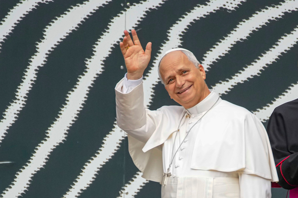 Pope Leo XIV waves as he arrives at the Vatican Library on the day of his 71st birthday, Monday, Sept. 14, 2026, during a press preview of the exhibit ""AQVA, Catastrophe and Wonder," which will be open to the public from Sept. 25 through May 14, 2027. (AP Photo/Andrew Medichini)