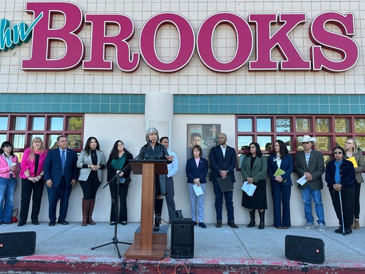 New Mexico Gov. Michelle Lujan Grisham, center, is flanked by state lawmakers as she announces the state will temporarily backfill SNAP benefits during a news conference outside a grocery store in Albuquerque, New Mexico, on Wednesday, Oct. 29, 2025. (AP Photo/Susan Montoya Bryan) New Mexico Gov. Michelle Lujan Grisham, center, is flanked by state lawmakers as she announces the state will temporarily backfill SNAP benefits during a news conference outside a grocery store in Albuquerque, New Mexico, on Wednesday, Oct. 29, 2025. (AP Photo/Susan Montoya Bryan)