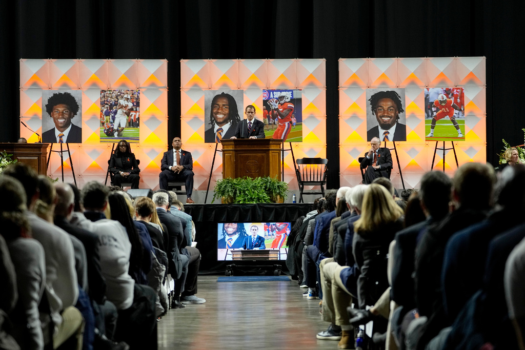 FILE - University of Virginia President Jim Ryan speaks during a memorial service for three slain University of Virginia football players Lavel Davis Jr., D'Sean Perry and Devin Chandler at John Paul Jones Arena at the school in Charlottesville, Va., Saturday, Nov. 19, 2022. (AP Photo/Steve Helber, Pool, File)