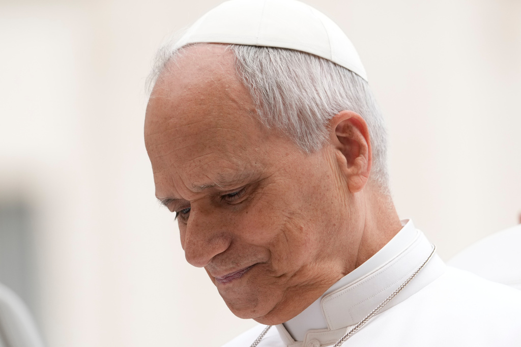 Pope Leo XIV holds his weekly general audience in St. Peter's Square, at the Vatican, Wednesday, May 6, 2026. (AP Photo/Gregorio Borgia)