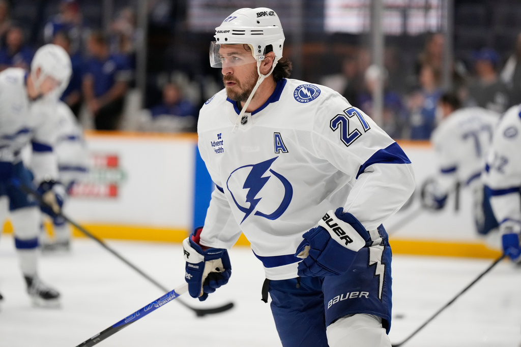 FILE - Tampa Bay Lightning defenseman Ryan McDonagh (27) before an NHL hockey game Tuesday, Oct. 28, 2025, in Nashville, Tenn. (AP Photo/George Walker IV, File)