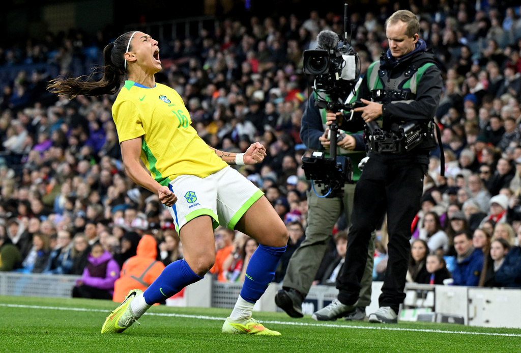 Brazil's Bia Zaneratto celebrates after scoring her sides first goal during an international women's friendly soccer match between England and Brazil in Manchester, England, Saturday, Oct. 25, 2025. (Cody Froggatt/PA via AP)