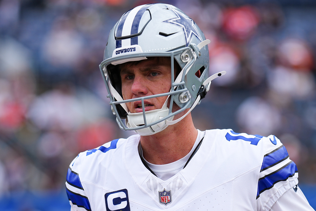 FILE - Dallas Cowboys place kicker Brandon Aubrey looks on against the Denver Broncos before an NFL football game Sunday, Oct. 26, 2025, in Denver. (AP Photo/Jack Dempsey, File)
