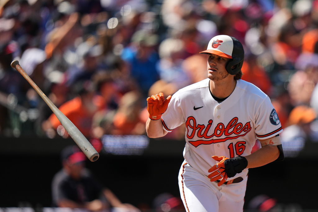 Baltimore Orioles' Coby Mayo (16) flips his bat after hitting a home run during the third inning of a baseball game against the Cleveland Guardians, Monday, Sept. 7, 2026, in Baltimore. (AP Photo/Stephanie Scarbrough)