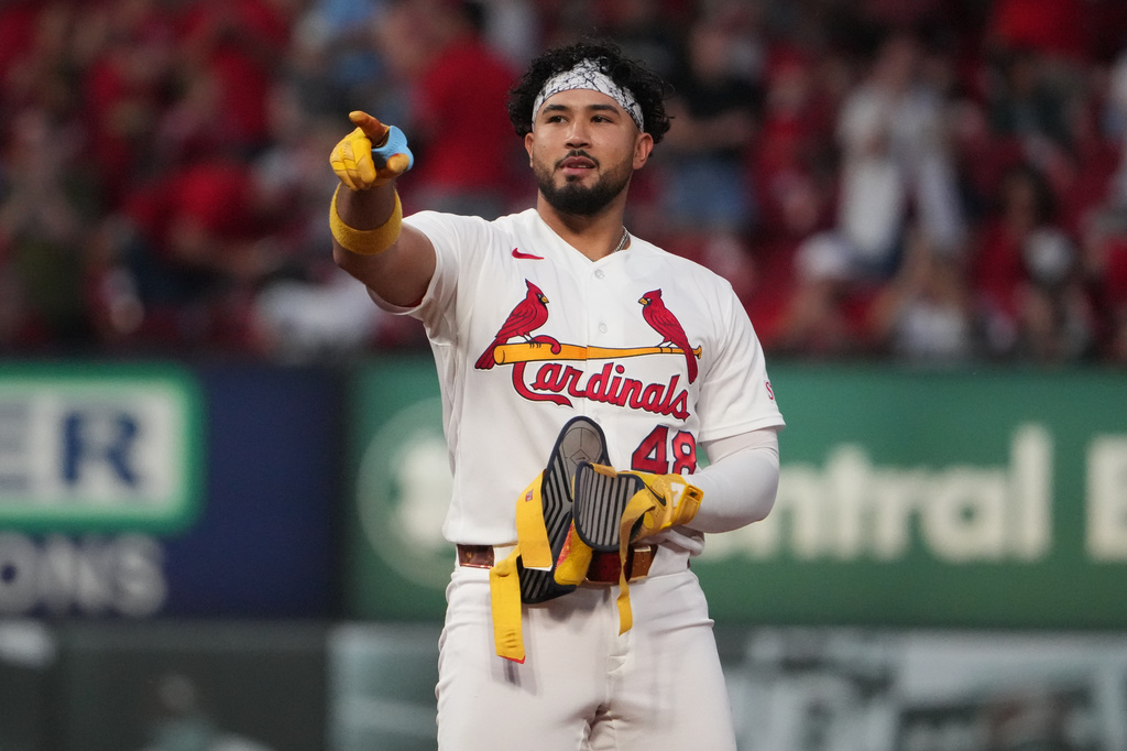 St. Louis Cardinals designated hitter Ivan Herrera celebrates after hitting a three-run double during the fourth inning of a baseball game against Milwaukee Brewers Monday, May 4, 2026, in St. Louis. (AP Photo/Jeff Roberson)