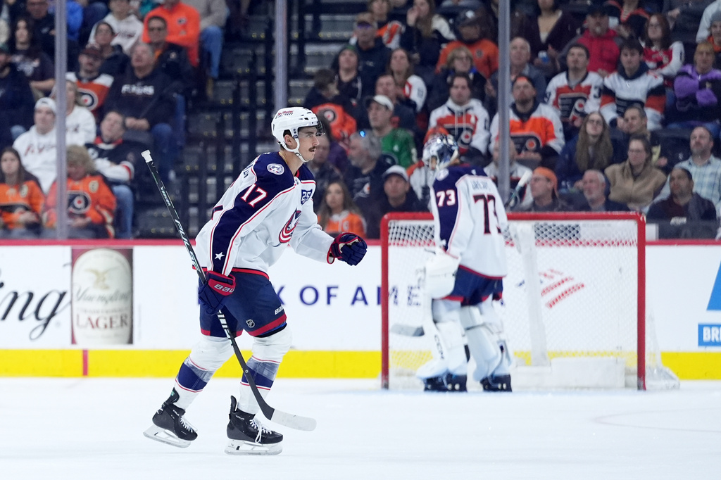 Columbus Blue Jackets' Mason Marchment reacts after scoring a goal during the third period of an NHL hockey game against the Philadelphia Flyers Tuesday, March 24, 2026, in Philadelphia. (AP Photo/Matt Slocum)