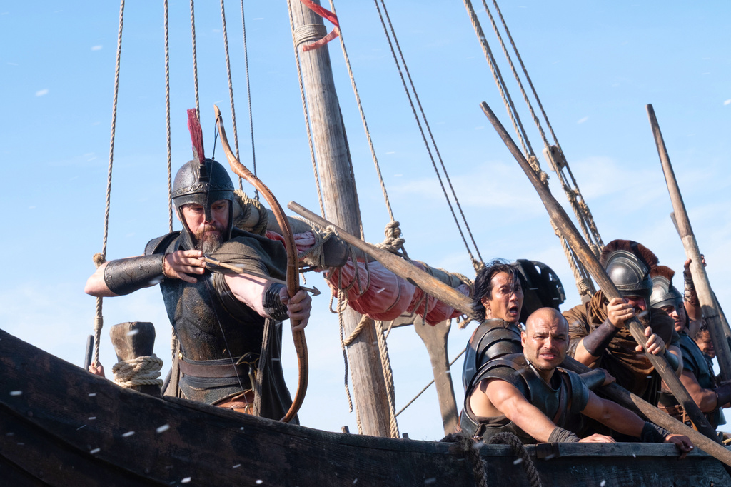 This image released by Universal Pictures shows Matt Damon as Odysseus, left, in a scene from "The Odyssey." (Melinda Sue Gordon/Universal Pictures via AP)