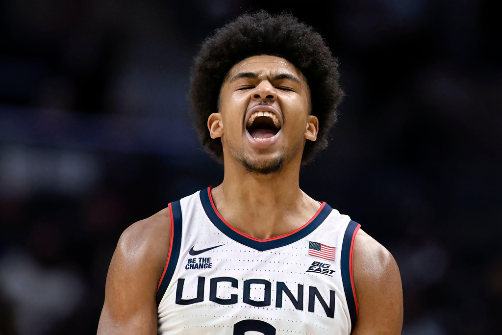 UConn forward Jaylin Stewart reacts during the first half of an NCAA college basketball game against New Haven, Monday, Nov. 3, 2025, in Storrs, Conn. (AP Photo/Jessica Hill)