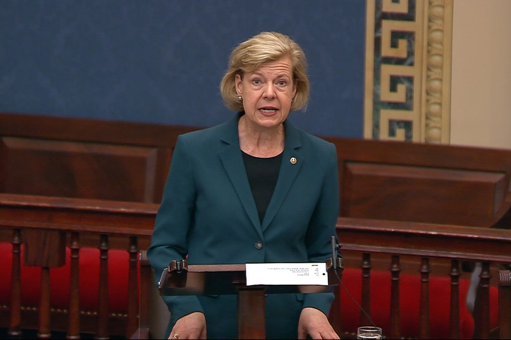 In this image from Senate Television video, Sen. Tammy Baldwin, D-Wis., speaks about the Boundary Waters in northern Minnesota, on the Senate floor at the U.S. Capitol in Washington, Wednesday, April 15, 2026. (Senate Television via AP)