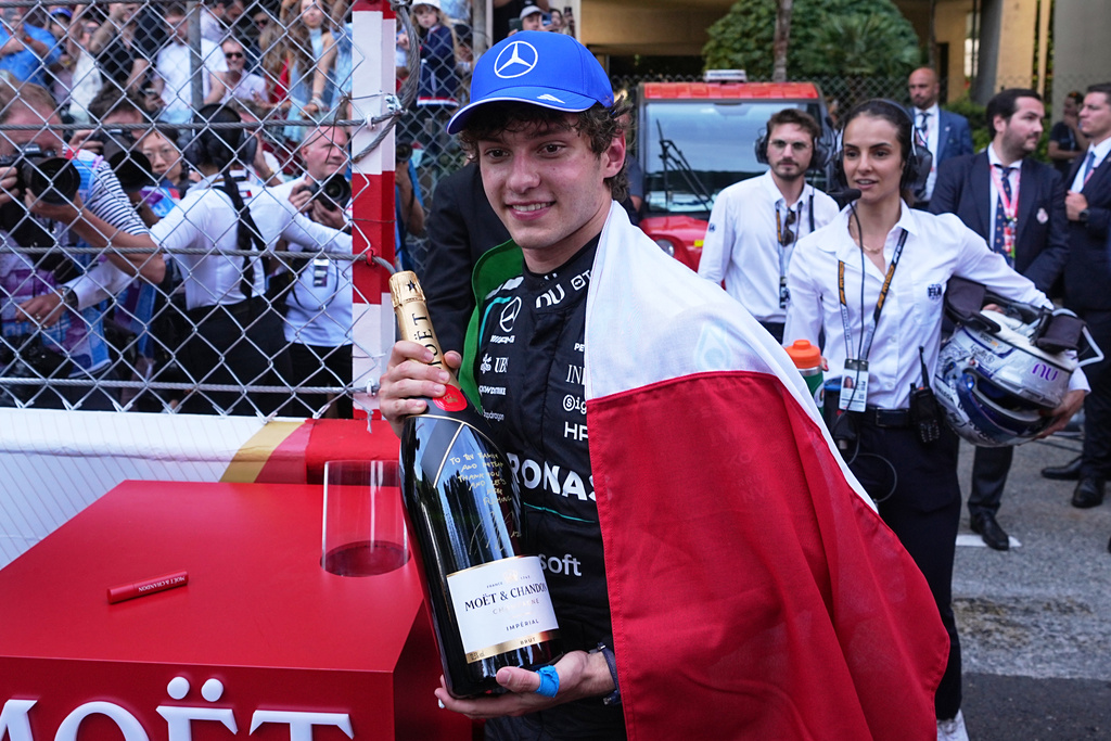 Mercedes driver Andrea Kimi Antonelli, of Italy, reacts after winning the Formula One Monaco Grand Prix race at the Monaco racetrack, Sunday, June 7, 2026. (AP Photo/Fatima Shbair)