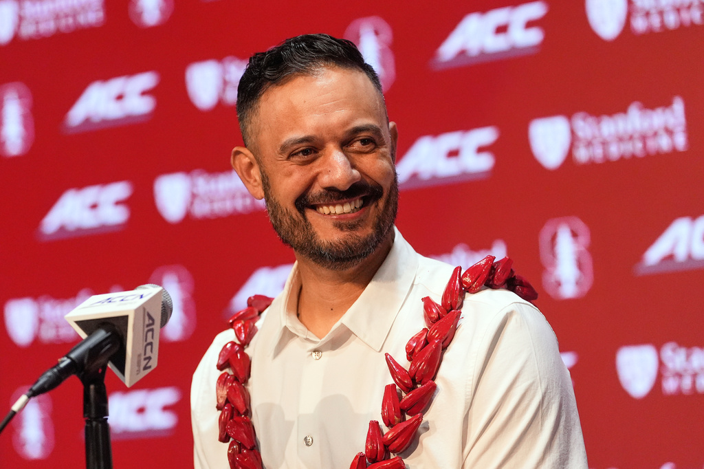 FILE - Tavita Pritchard speaks while being introduced as Stanford's new head coach during an NCAA college football news conference, in Stanford, Calif., Dec. 2, 2025. (AP Photo/Jeff Chiu, File) HOLD FOR STORY MOVING AUG. 19