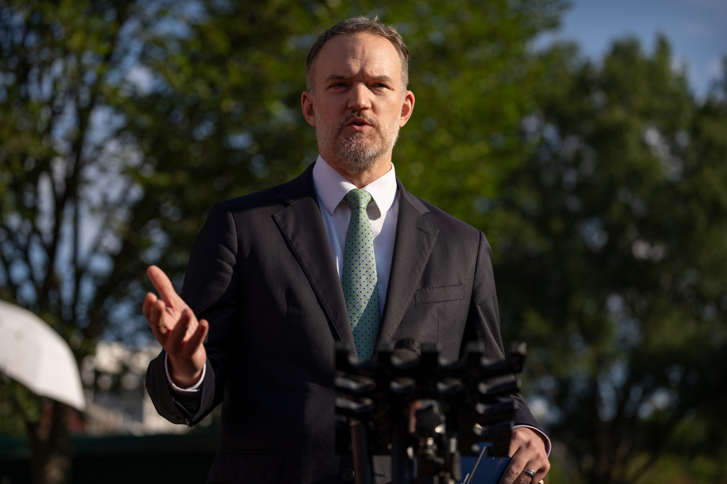 U.S. Trade Representative Jamieson Greer speaks to reporters outside the White House, Monday, Aug. 24, 2026, in Washington. (AP Photo/Mark Schiefelbein)