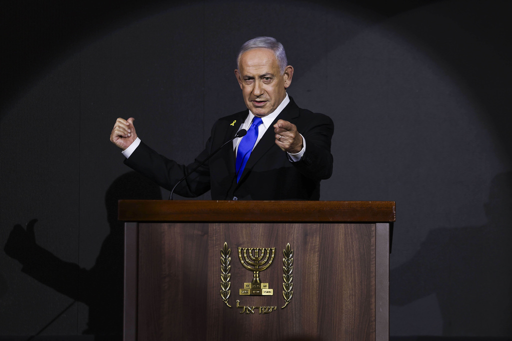 Israeli Prime Minister Benjamin Netanyahu attends the U.S. Independence Day reception, known as the annual "Fourth of July" celebration, hosted by Newsmax, in Jerusalem on Wednesday, Aug. 13, 2025. (Ronen Zvulun/Pool Photo via AP)