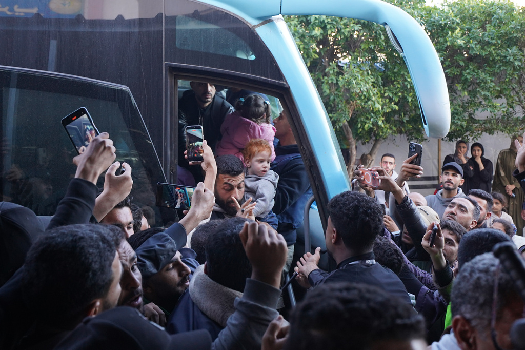 A group of toddlers return to Gaza more than two years after being evacuated as premature infants for medical treatment in Egypt, arriving at Nasser Hospital in Khan Younis, Gaza Strip, Monday, March 30, 2026. (AP Photo/Jehad Alshrafi)