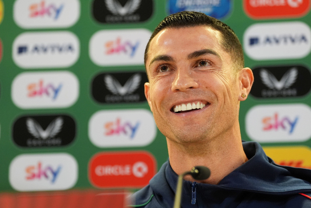 Portugal's Cristiano Ronaldo speaks during a press conference in Dublin, Ireland, Wednesday, Nov. 12, 2025, ahead of Thursday's World Cup qualifying soccer match against Ireland. (Brian Lawless/PA via AP)