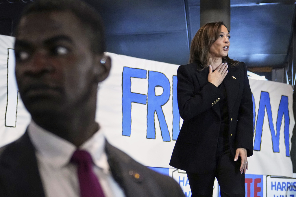 FILE - A member of the Secret Service looks on as Democratic presidential nominee Vice President Kamala Harris speaks during a campaign event at Montage Mountain Resort in Scranton, Pa., Nov. 4, 2024. (AP Photo/Jacquelyn Martin, File)