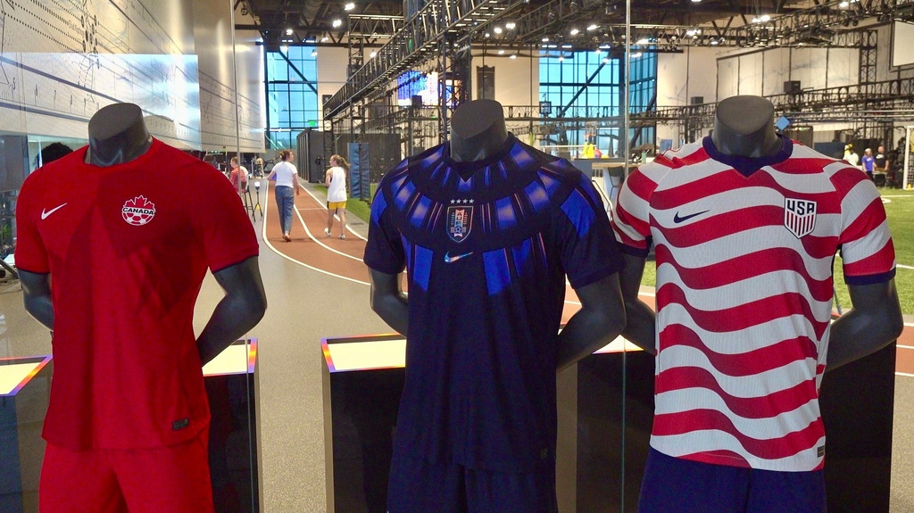 World Cup uniform kits designed by Nike are displayed at its headquarters in Beaverton, Ore., on June 22, 2026. (AP Photo/Claire Rush)