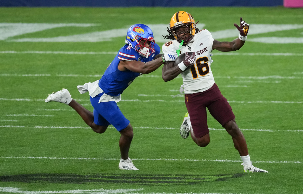 Arizona State Sun Devils wide receiver Jaren Hamilton (16) 100-yard kickoff return TD, during the NCAA college football game between Arizona State Sun Devils and Kansas Jayhawks in London, Saturday, Sept. 19, 2026. (AP Photo/Dave Shopland)