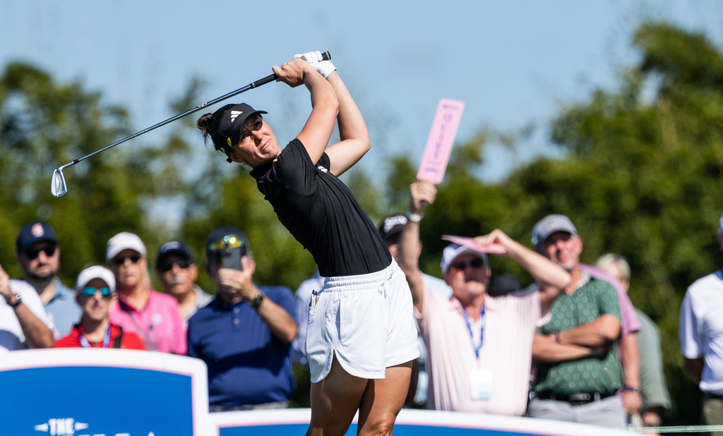 Linn Grant drives off a tee during the final round of The Annika LPGA golf tournament in Belleair, Fla., Sunday, Nov. 16, 2025. (AP Photo/Willie J. Allen Jr.)