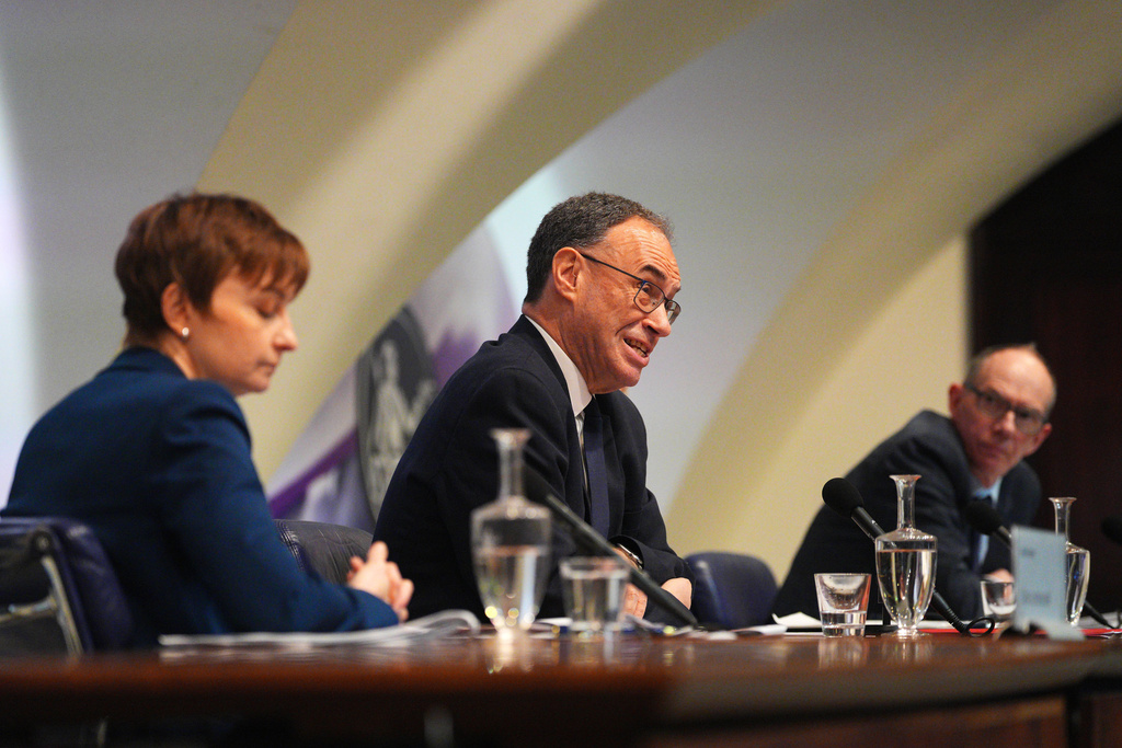 Governor of the Bank of England, Andrew Bailey, talks during a Bank of England Monetary Policy Report press conference in London, Thursday, Feb. 5, 2026. (Carl Court/Pool Photo via AP)