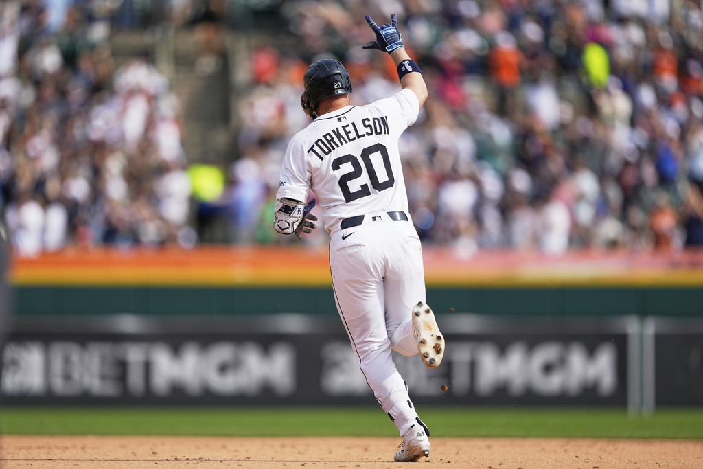 Detroit Tigers' Spencer Torkelson reacts while running the bases after hitting a go-ahead two-run home run in the seventh inning of a baseball game against the Atlanta Braves, Saturday, Sept. 20, 2025, in Detroit. (AP Photo/Ryan Sun)