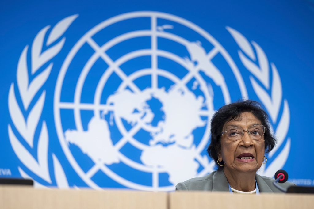 FILE - Navi Pillay, Chair, Commission of Inquiry on the Occupied Palestinian Territory, including East Jerusalem, and Israel, speaks during a press conference about the launch of the latest report of the Independent International Commission of Inquiry on the Occupied Palestinian Territory, including East Jerusalem, and Israel, at the European headquarters of the United Nations, in Geneva, Switzerland, June 18, 2025. (Martial Trezzini/Keystone via AP, File)
