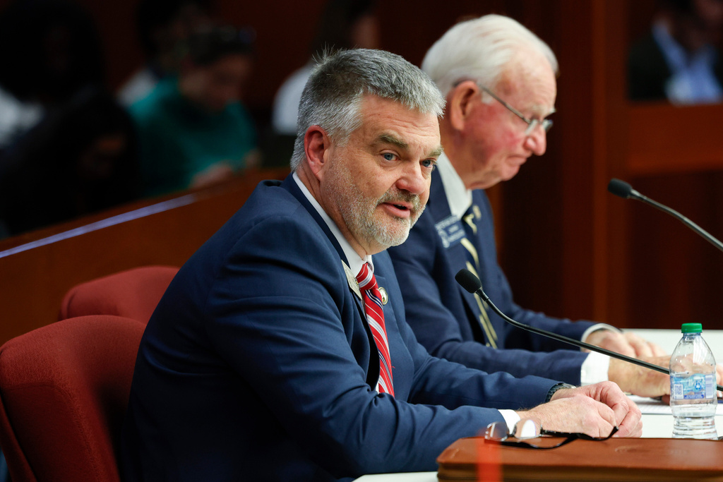 State Rep. Victor Anderson, R-Cornelia, speaks at a House Governmental Affairs Committee meeting at the Paul D. Coverdell Legislative Office Building in Atlanta on Tuesday, March 17, 2026, to consider legislation to push back the deadline to stop counting votes with QR codes. (Arvin Temkar/Atlanta Journal-Constitution via AP)