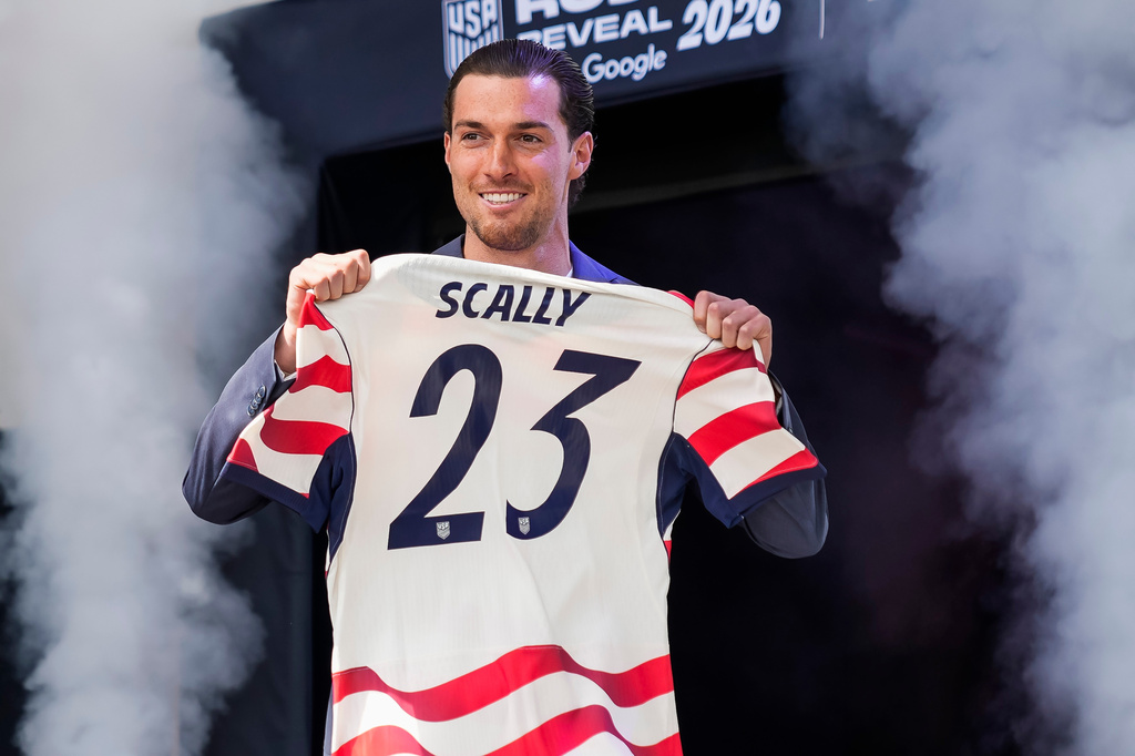 Defender Joe Scally of the United States men's national soccer team is presented during the announcement of the team roster on Tuesday, May 26, 2026, in New York City, ahead of the 2026 FIFA World Cup. (AP Photo/Eduardo Munoz Alvarez)