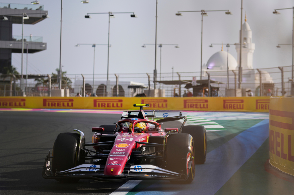 FILE - Ferrari driver Lewis Hamilton of Britain steers his car during the first free practice ahead of the Formula One Saudi Arabian Grand Prix at the Jeddah Corniche Circuit in Jeddah, Saudi Arabia, Friday, April 18, 2025. (AP Photo/Altaf Qadri, File)