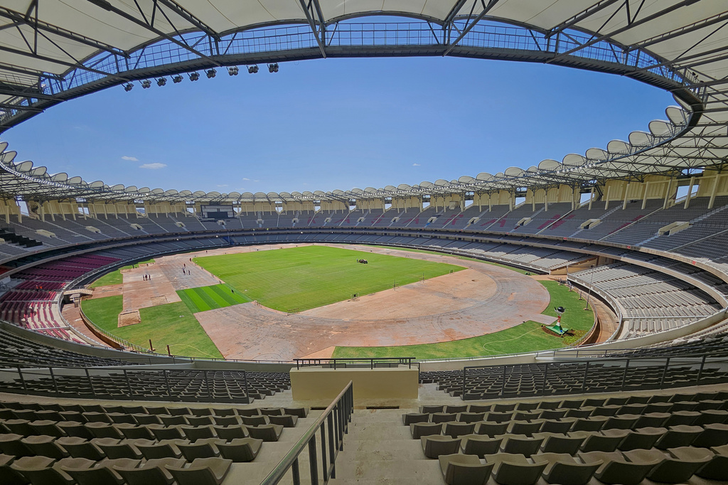 In this photo taken with smartphone, the Moi International Sports Centre in Kasarani, which has a seating capacity reduced to around 48,000 following major renovations, in Nairobi, Kenya, Friday, Oct. 10, 2025. (AP Photo)