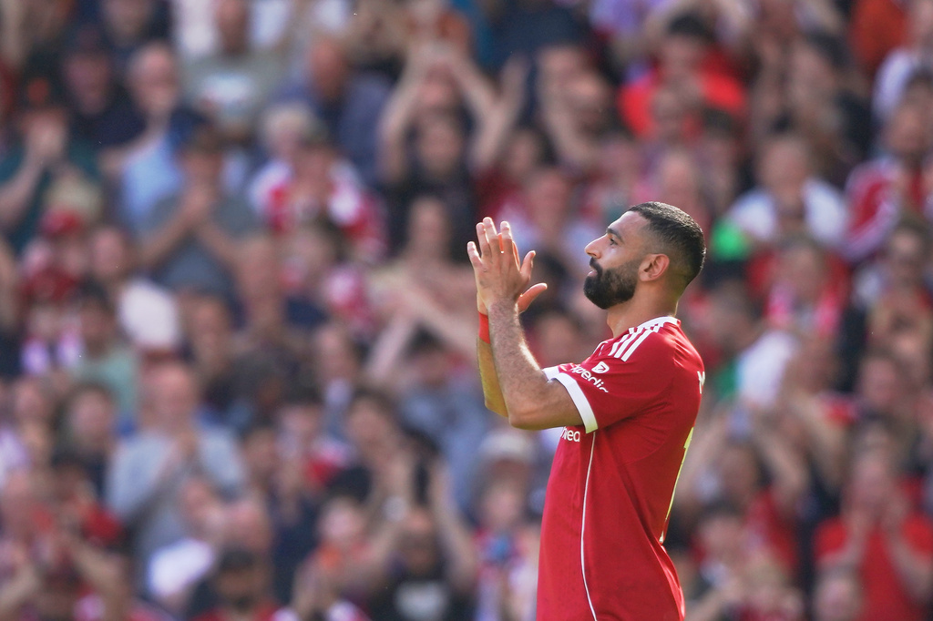Liverpool's Mohamed Salah leaves the pitch after being substituted during the English Premier League soccer match between Liverpool and Crystal Palace in Liverpool, England, Saturday, April 25, 2026. (AP Photo/Ian Hodgson)