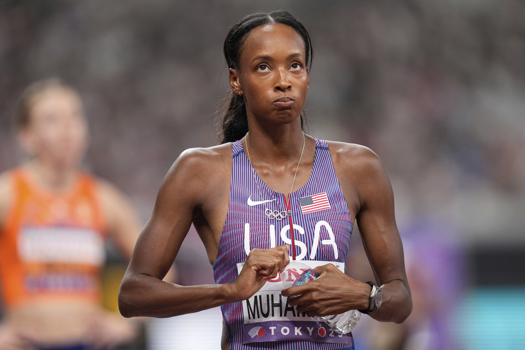 United States' Dalilah Muhammad prepares to compete in women's 400 meters hurdles semifinal at the World Athletics Championships in Tokyo, Wednesday, Sept. 17, 2025. (AP Photo/Eugene Hoshiko)