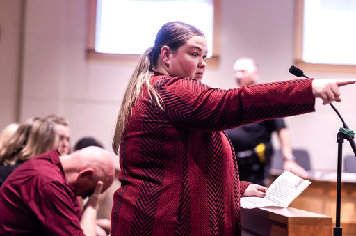 Kerri Carr points to Eric Sweeney during Sweeney's sentencing hearing at Merrimack Superior Court in Concord, N.H., on Friday, Oct. 3, 2025. (Geoff Forester/ Concord Monitor via AP, Pool) Kerri Carr points to Eric Sweeney during Sweeney's sentencing hearing at Merrimack Superior Court in Concord, N.H., on Friday, Oct. 3, 2025. (Geoff Forester/ Concord Monitor via AP, Pool)