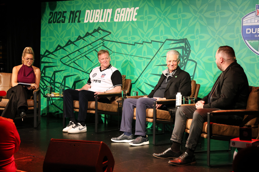 From left, Colleen Wolfe, NFL Commissioner Roger Goodell, Art Rooney II, and Michael McQuaid speak during NFL Live taping at Whelan's pub, Saturday, Sept. 27, 2025 in Dublin, Ireland. (Greg Payan/AP Content Services for the NFL via AP)