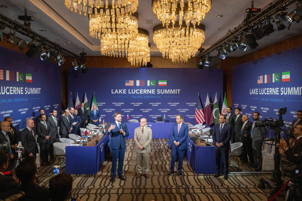 From left, US Vice-President JD Vance, Prime Minister of Islamic Republic of Pakistan, Shehbaz Sharif and Premier minister of Qatar Mohammed bin Abdulrahman bin Jassim Al Thani, at the Buergenstock resort resort in Obbuergen, near Lucerne, Switzerland, Sunday, June 21, 2026. (Urs Flueeler, Pool Photo via AP)